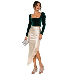 Zara Velvet Corset Crop Top S Emerald Green Puff Sleeve Party Cruise Whimsigoth